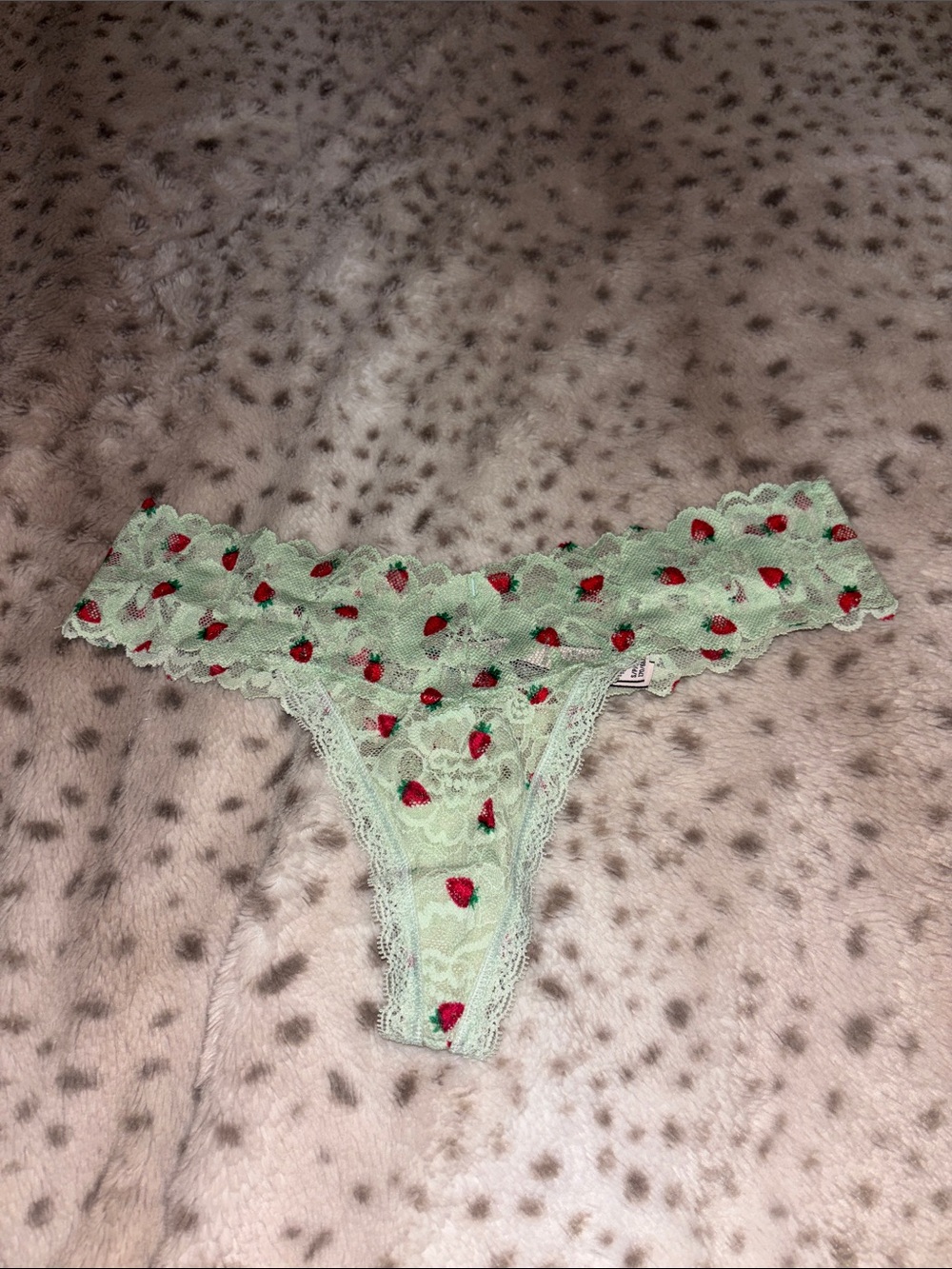 Victoria's Secret Mint Green Lace Thong with Red Strawberry Embroidery